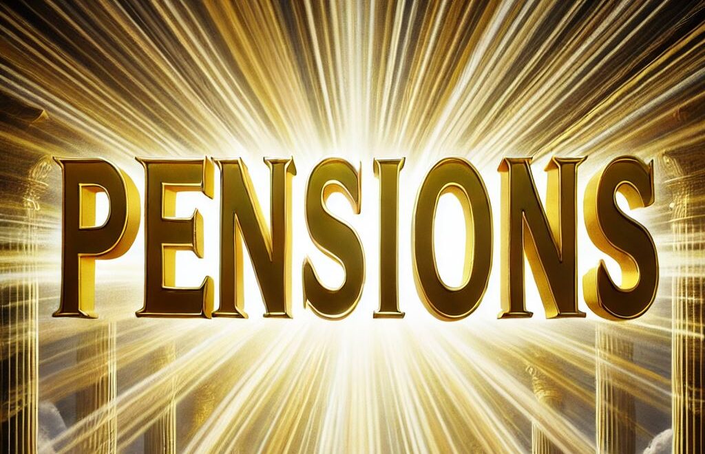 Rays of light shining out from the word PENSIONS